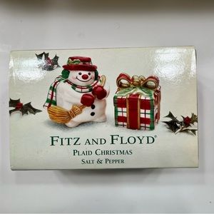 Vintage Fitz Floyd Plaid Christmas Snowman & Gift Box Salt Pepper Shakers 3" NIB